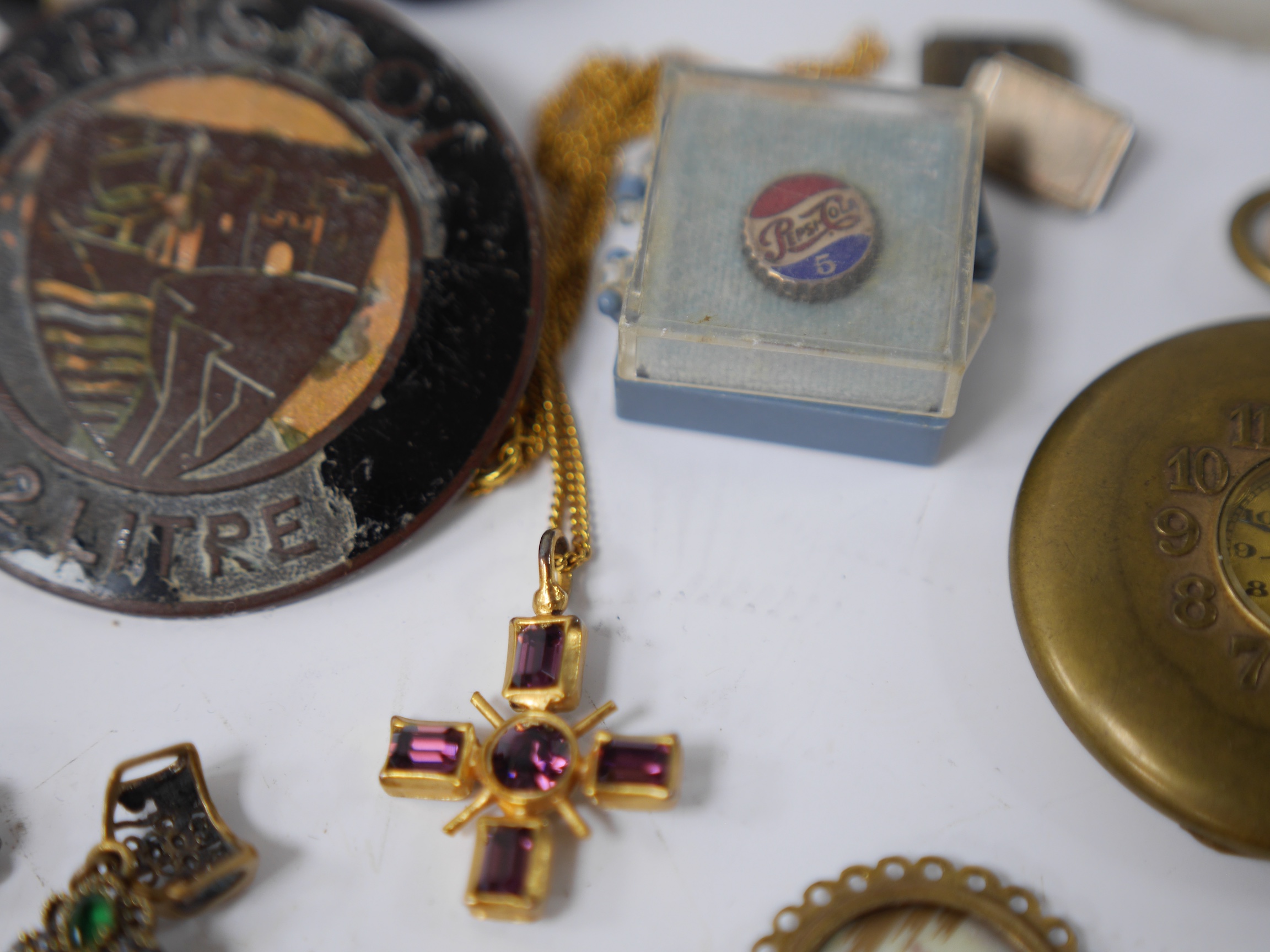 A quantity of assorted Victorian and later jewellery including a white metal, garnet, split pearl and turquoise set cross pendant, 74mm two 925 and gem set crosses, a diamond and enamel set mourning pendant, pair of silv